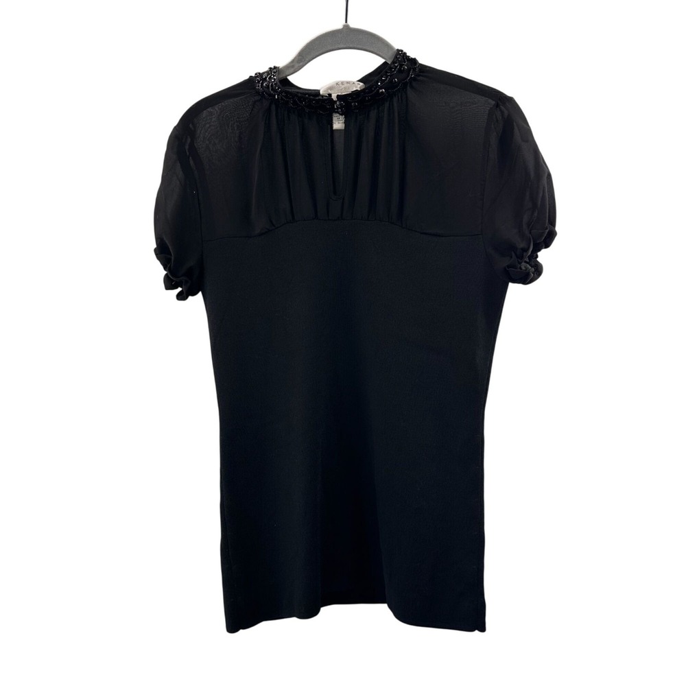 Kenar Beaded Collar Neck‎ Black Short Sleeve Top S Elegant Style Smocked Stretch